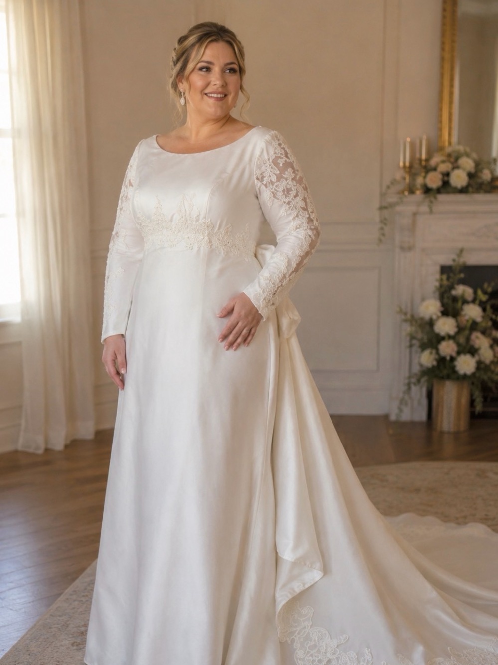 Size 12 Vintage 60s -70s Bridal Gown with Lace Sleeves and Removable Train